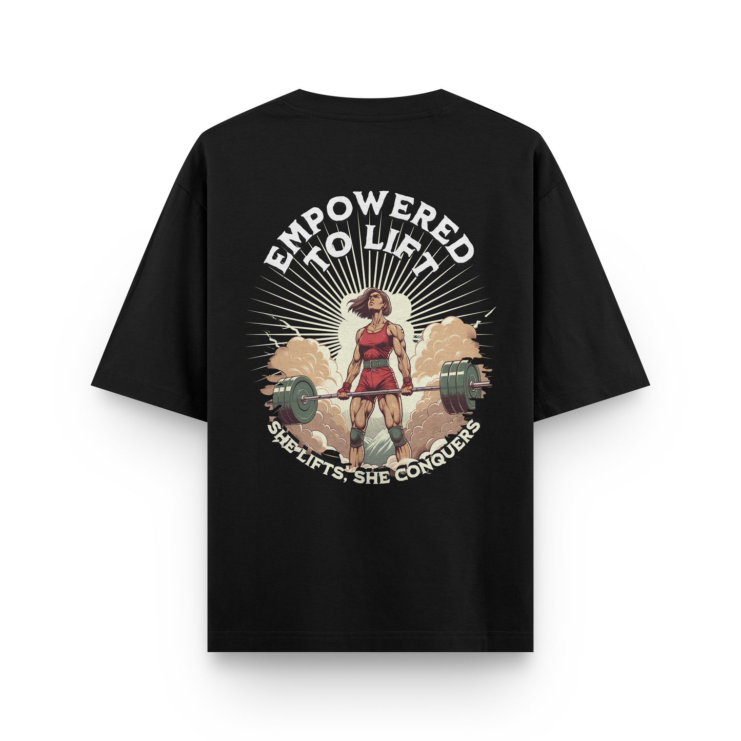 Black oversized t-shirt with female lifter illustration and bold quote “Empowered to Lift – She Lifts, She Conquers”