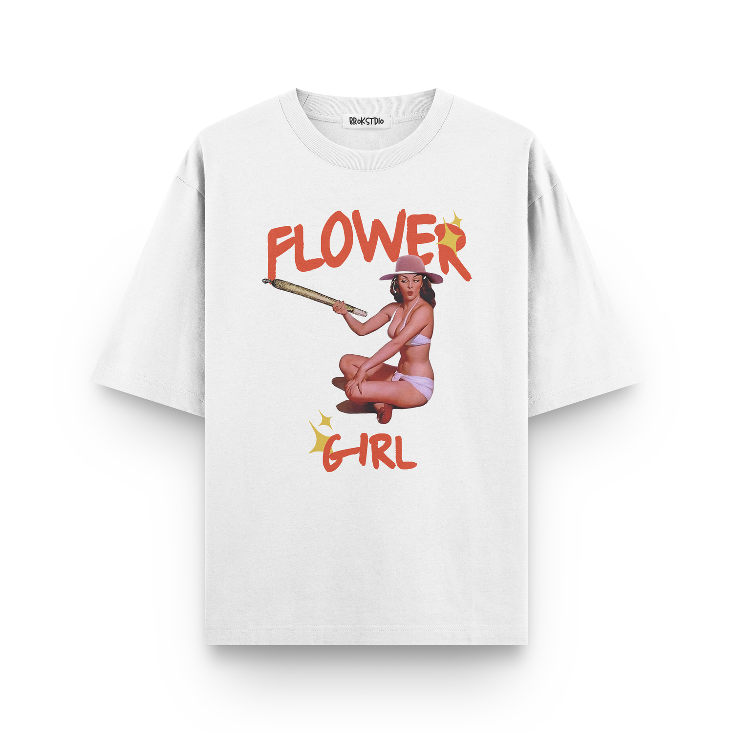 White oversized t-shirt with vintage pinup girl holding joint and “Flower Girl” text in red