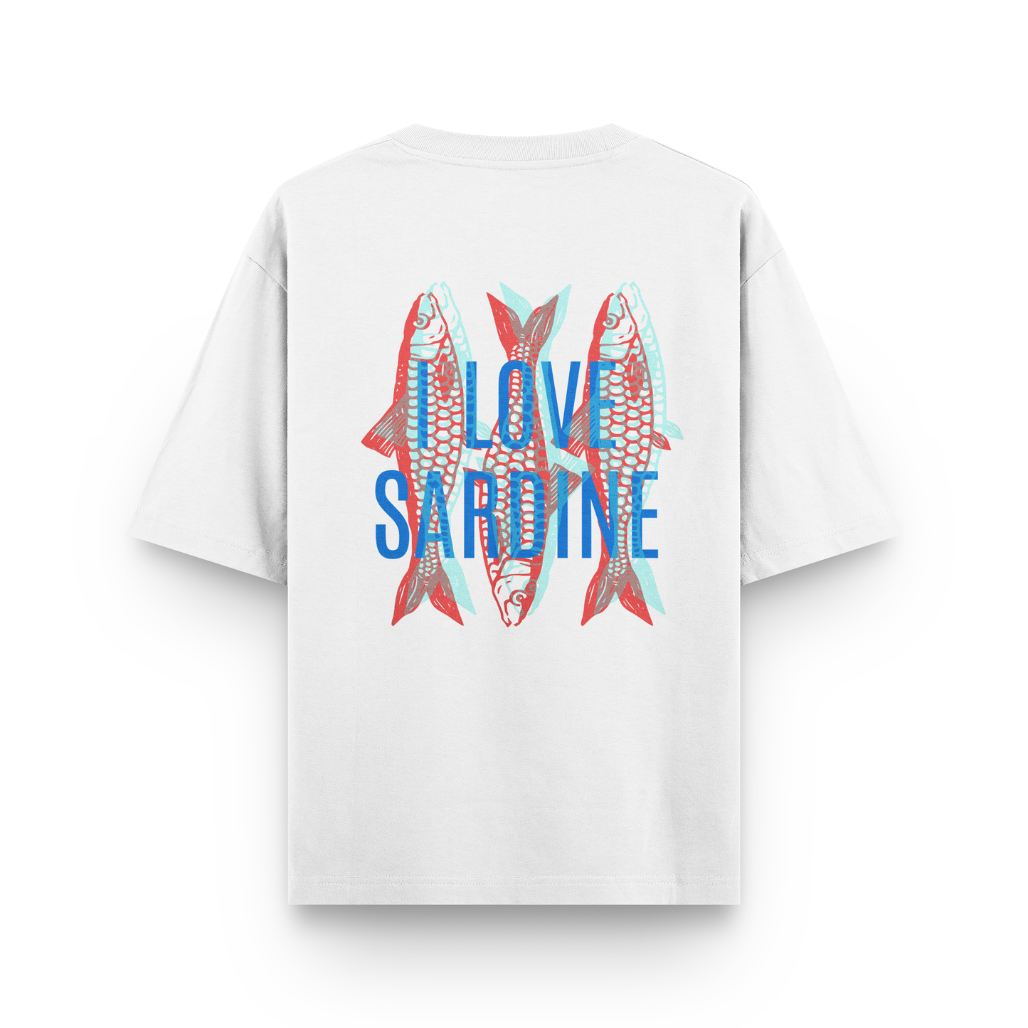 White oversized t-shirt with colorful sardine fish illustration and bold blue text “I LOVE SARDINE”