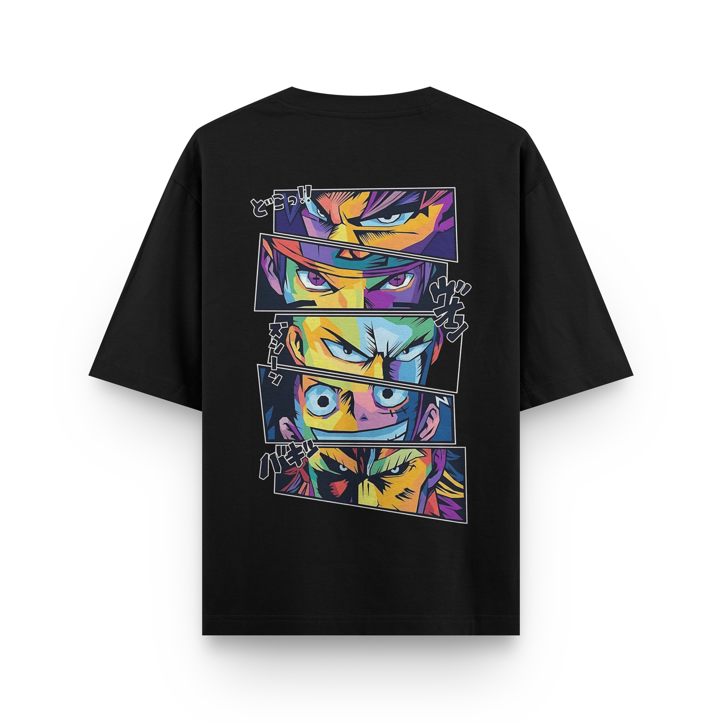 Black oversized t-shirt with multicolored anime eye panels featuring Goku, Naruto, Zoro, Luffy, and All Might