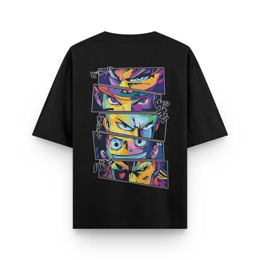 Black oversized t-shirt with multicolored anime eye panels featuring Goku, Naruto, Zoro, Luffy, and All Might