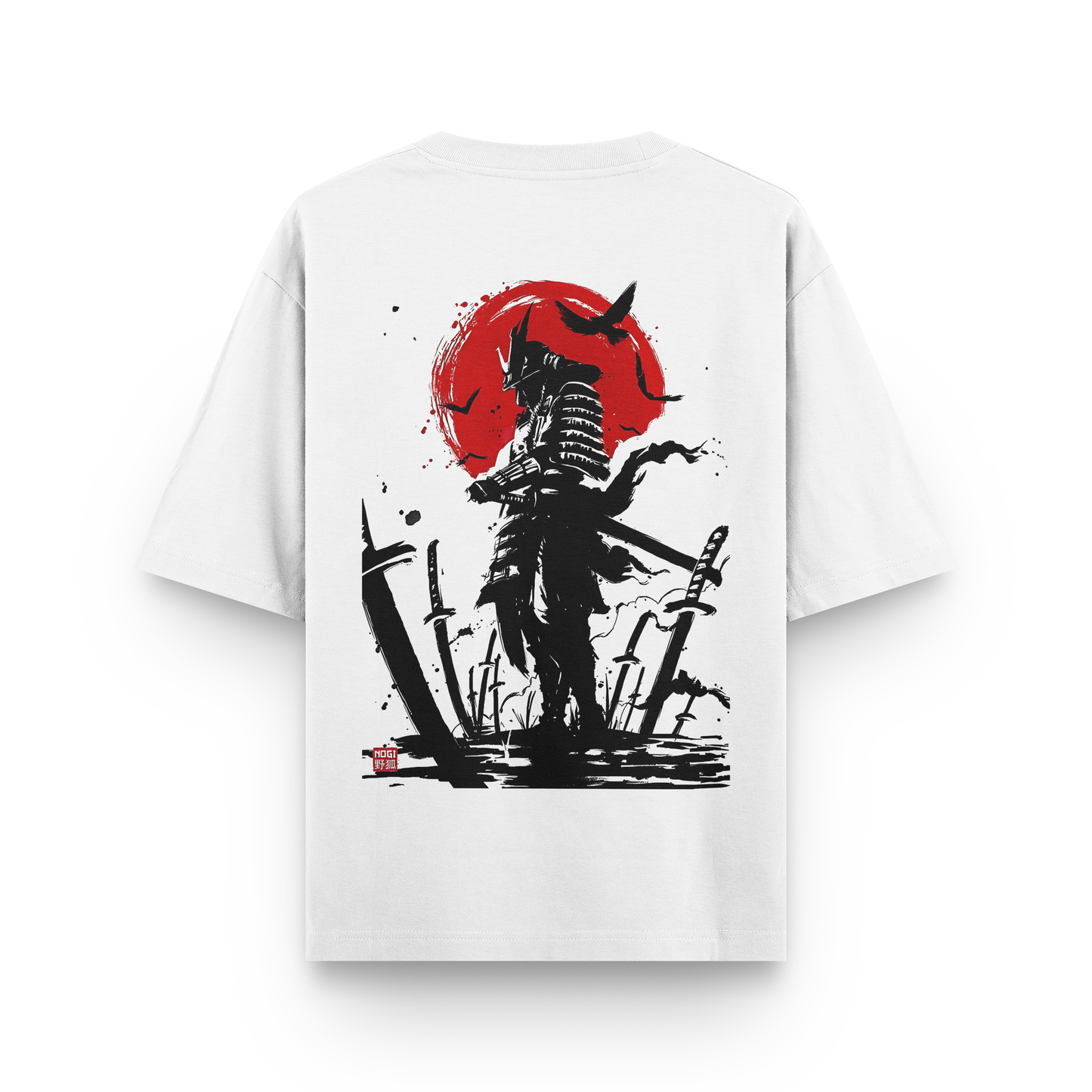 White oversized t-shirt with Japanese ink-style samurai illustration in black and red