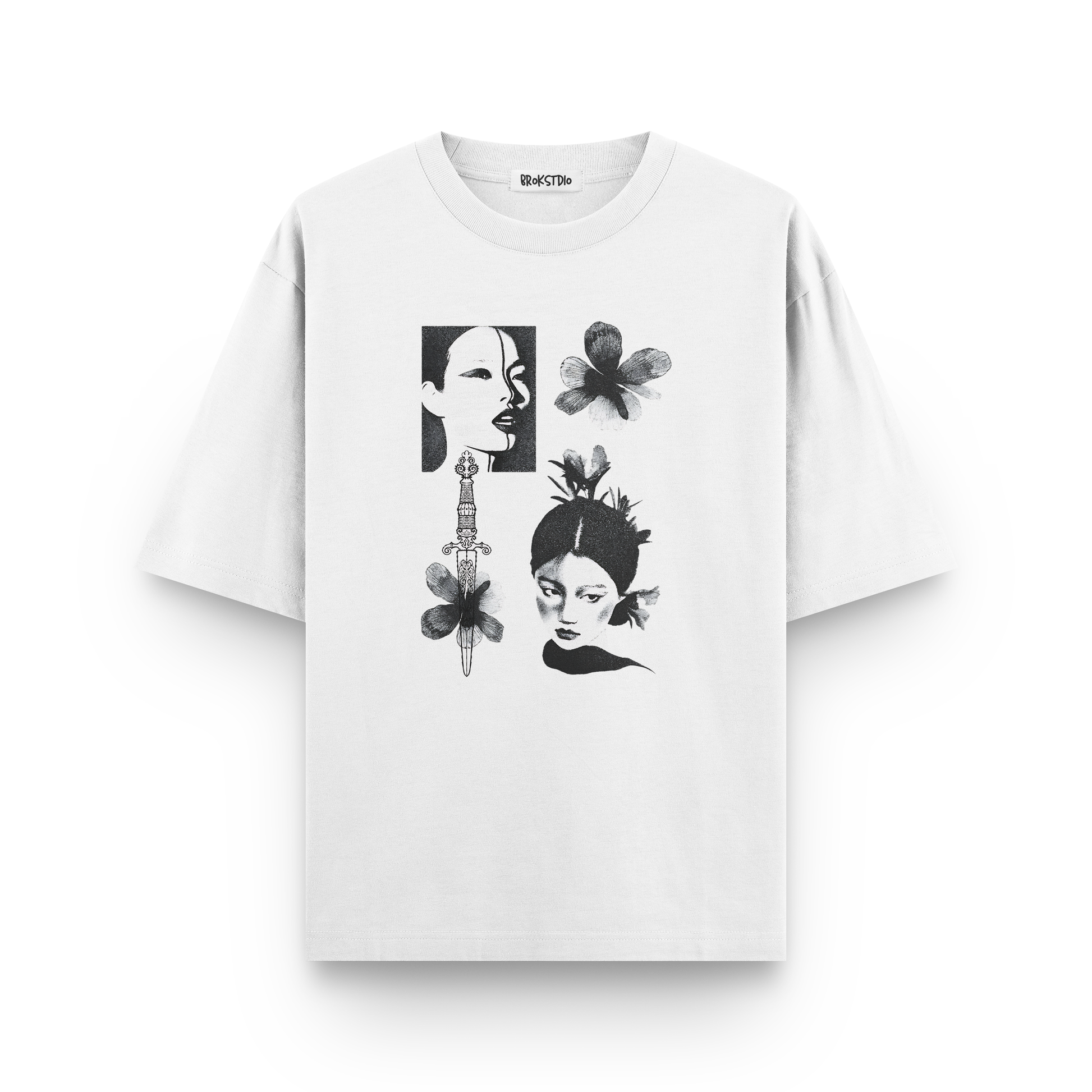 Oversized white t-shirt with black-and-white female face art, dagger, and abstract floral graphics