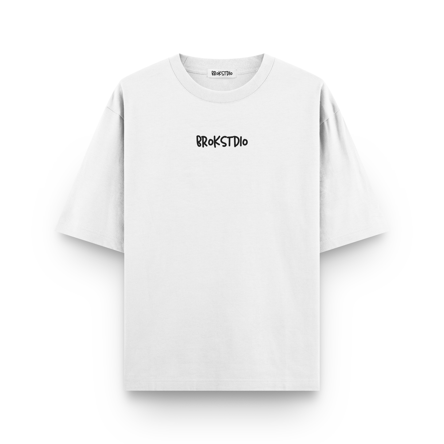 White oversized t-shirt with “STDiO MEMBER” text, doodle-style car, and blue scribble graphics