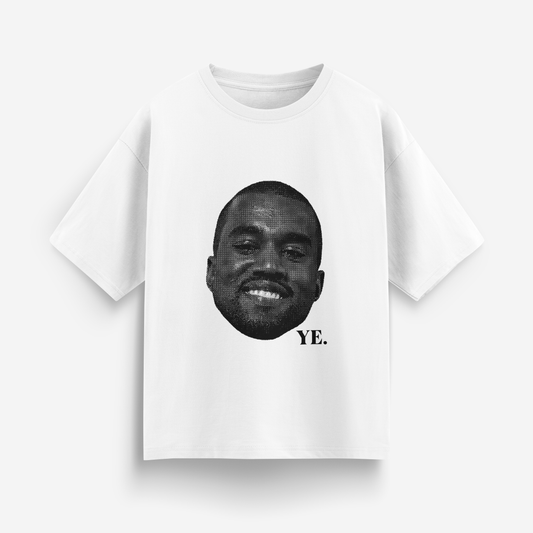White oversized t-shirt with Kanye West pixel-art face and “YE.” printed underneath