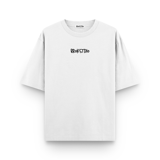 White oversized t-shirt with “STDiO MEMBER” text, doodle-style car, and blue scribble graphics